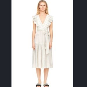 Rebecca Taylor Striped Midi DRESS sz 4 cream white blue ruffle